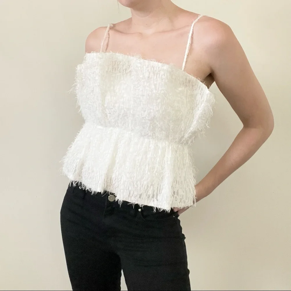 Zara White Crop Top Textured Fringe Top - Picture 1 of 16